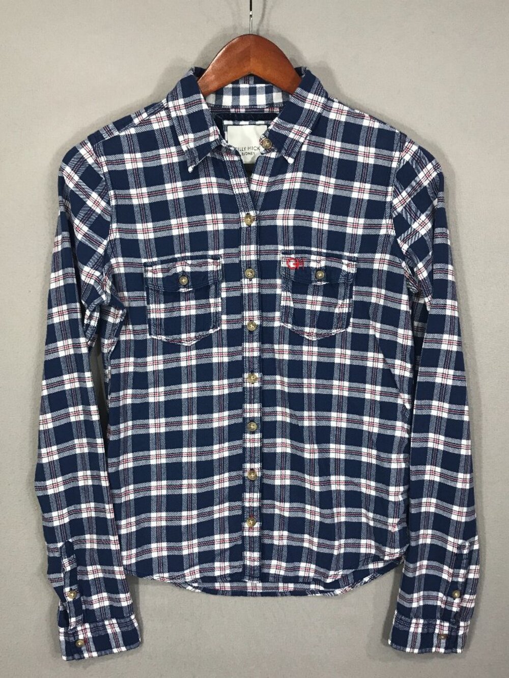 Gilly Hicks Sydney Shirt Women's Small Blue Plaid Flannel Logo Button Up Pockets